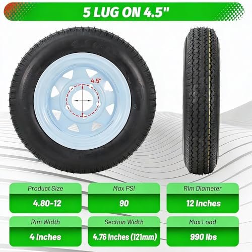 2 Pack 480-12 4.80x12 4.80-12 4.8-12 Trailer Tires with 12'' Rims
